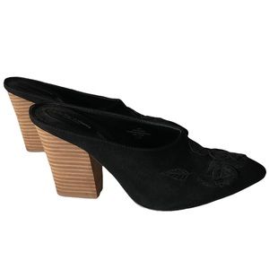 𝅺Platform Wood Stack Heel Leather Mule Suede Black Velvet Floral Brocade